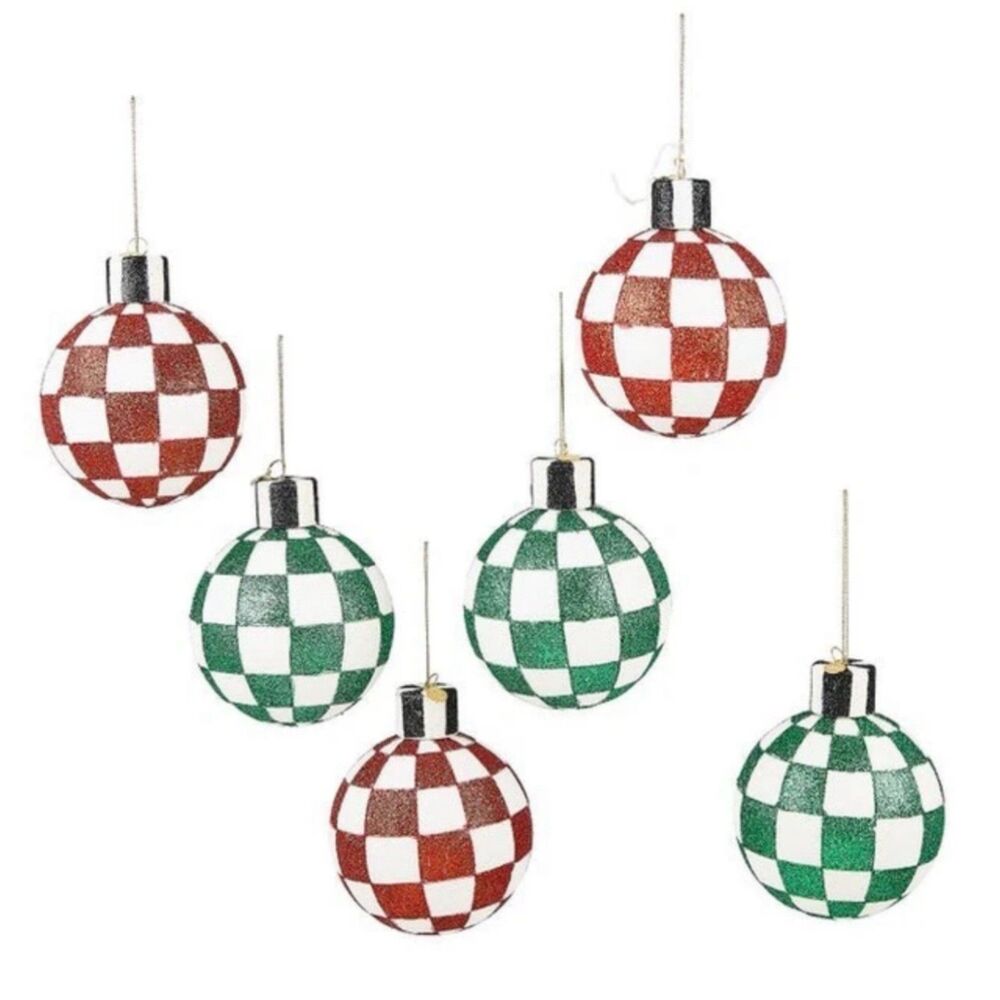 Mackenzie-Childs Red & Green Check It Out Large Glass Glitter Ornament Set 6 NEW